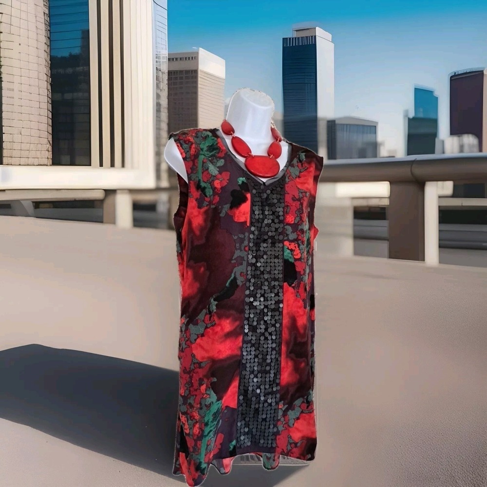 Simply Vera Wang Dress M Red All Over Print Sleeveless‎ Sheath Mini Hi Lo Hem